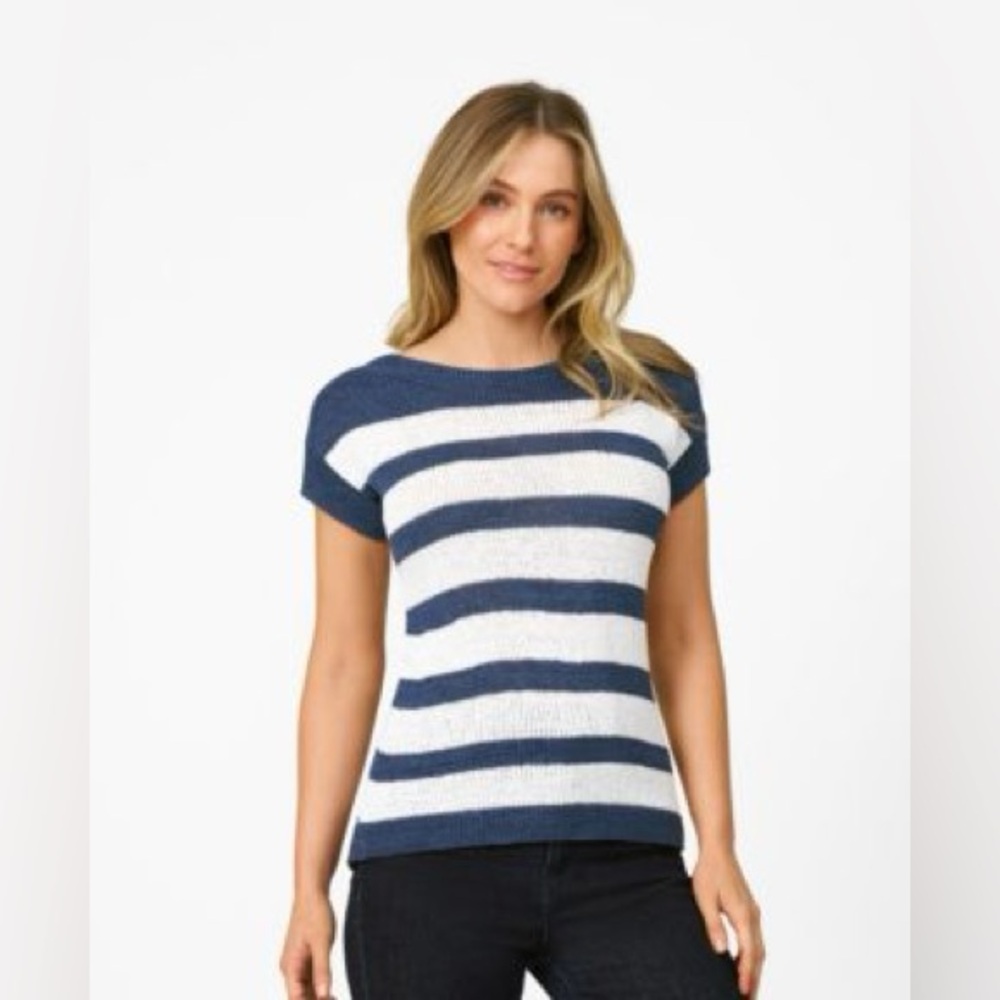 Cable & Gauge Women's Tape Yarn Knit Striped Crewneck Sweater Navy - Size XL